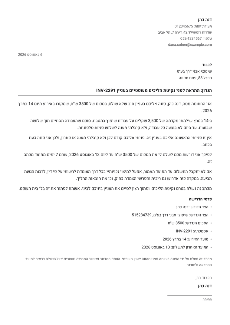דוגמה למסמך שמופק: מכתב התראה לפני תביעה